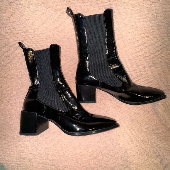 Zara stretch chunky heel boots Patent leather style. Size 41= US 10 GUC - Picture 1 of 14